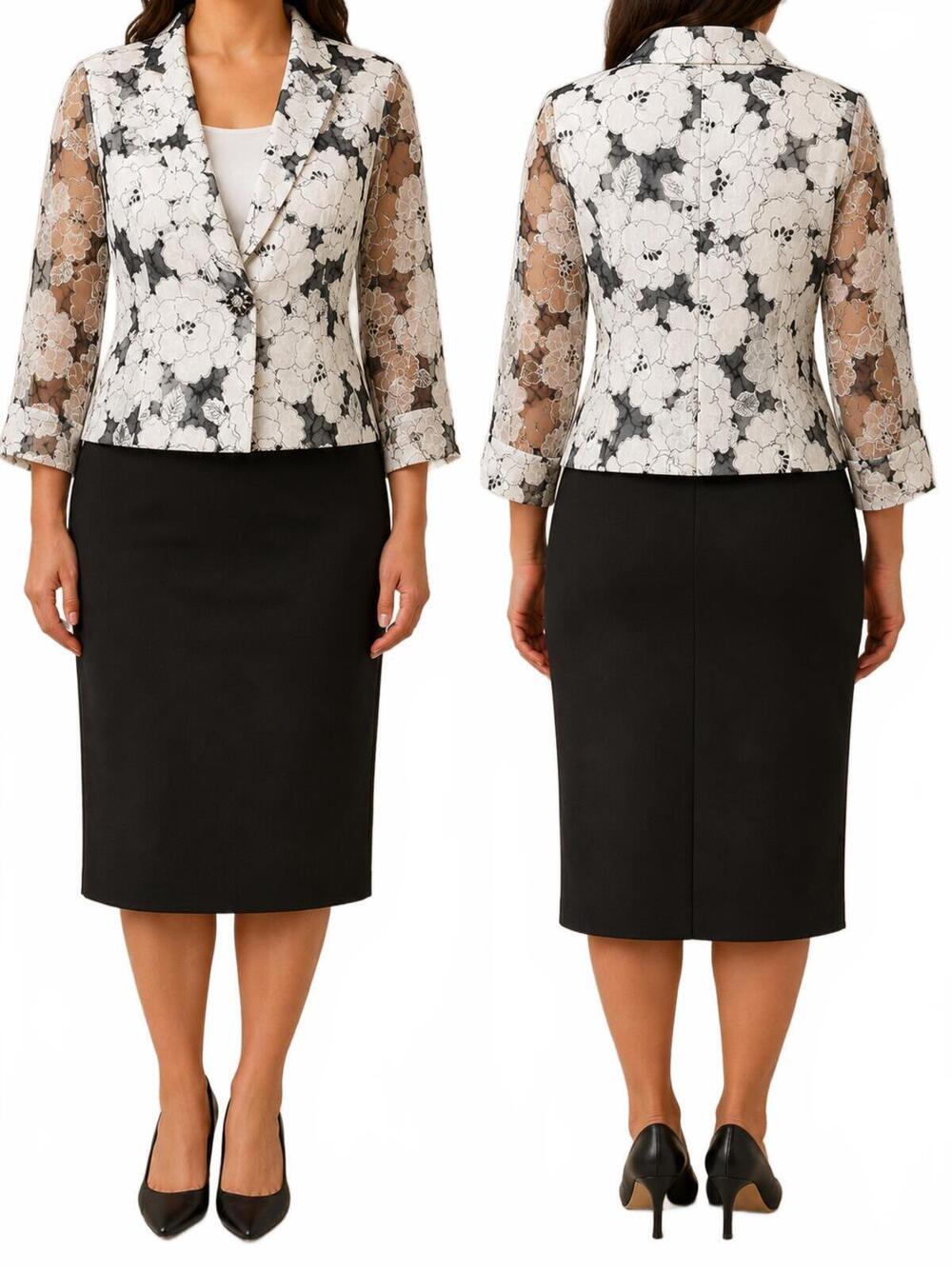 Alex Evenings Black White Shimmering Floral Evening Formal Jacket Blazer